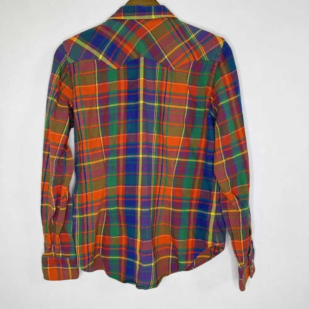 Ralph Lauren Shirt Boys 14 Plaid Western Pearl Snap Orange Long Sleeve Cotton